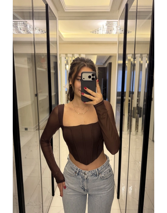 Kahve Tül Kollu Korse Bluz