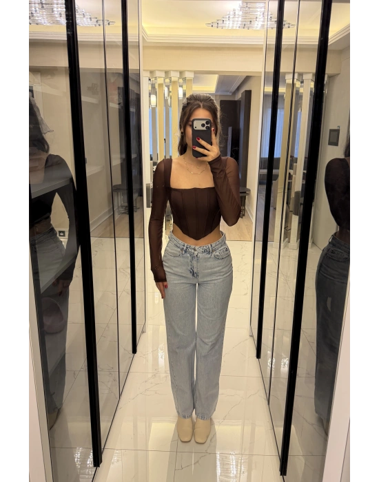 Kahve Tül Kollu Korse Bluz