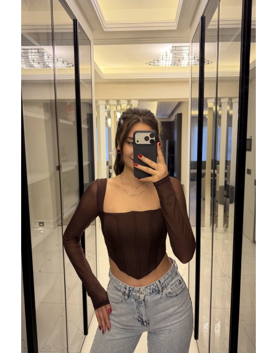 Kahve Tül Kollu Korse Bluz