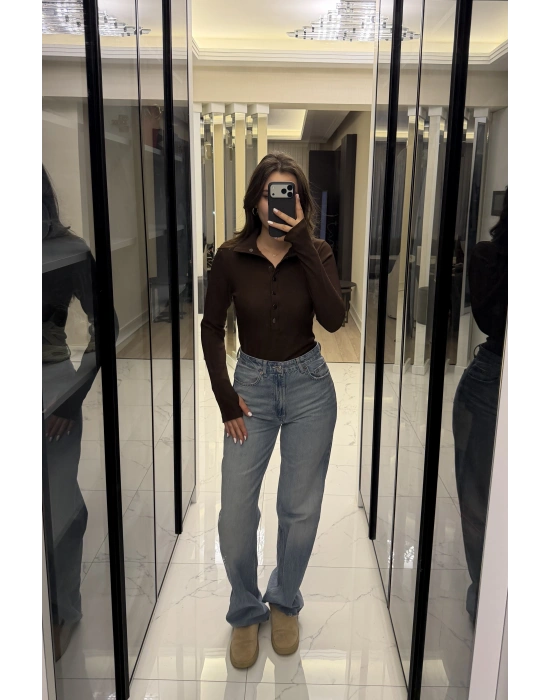 Kahve Zr Muadil Çıt Çıt Yakalı Bluz