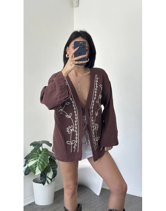 Kahverengi Lisa Nakış İşlemeli Kimono