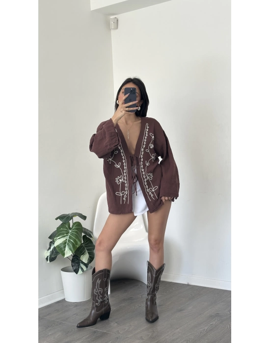 Kahverengi Lisa Nakış İşlemeli Kimono