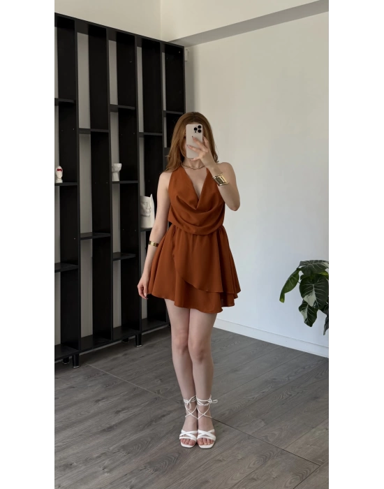 Kiremit Chloe Degaje Yakalı Şortlu Volan Elbise