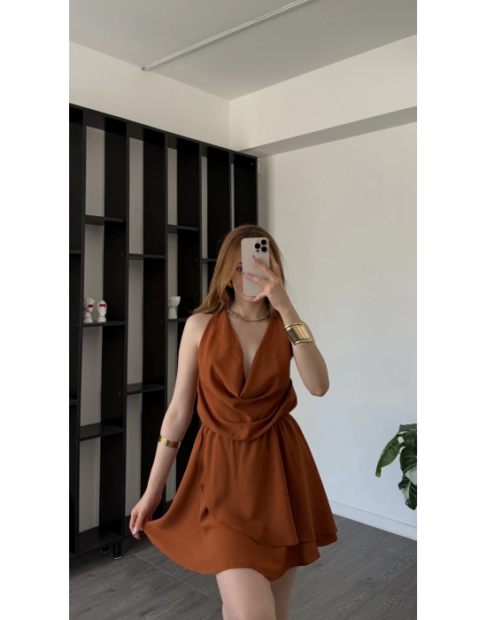 Kiremit Chloe Degaje Yakalı Şortlu Volan Elbise