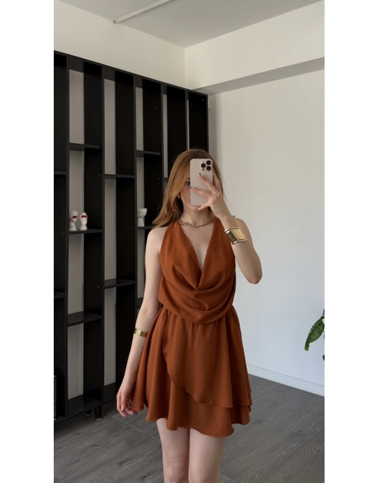 Kiremit Chloe Degaje Yakalı Şortlu Volan Elbise