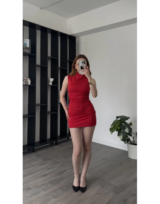 Kırmızı Alexa Balıkçı Yaka Yandan Büzgülü Elbise