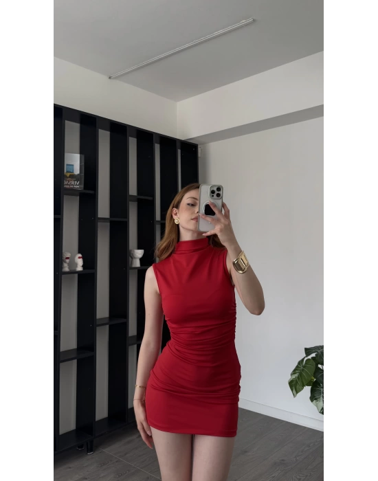 Kırmızı Alexa Balıkçı Yaka Yandan Büzgülü Elbise