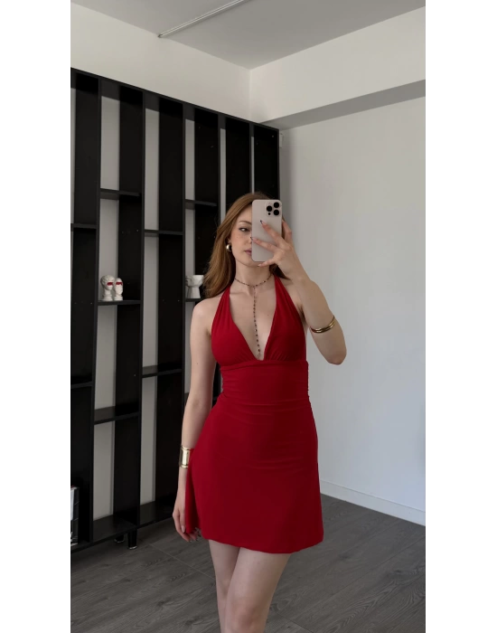 Kırmızı Amaris V Yakalı Boyundan Bağlamalı Elbise