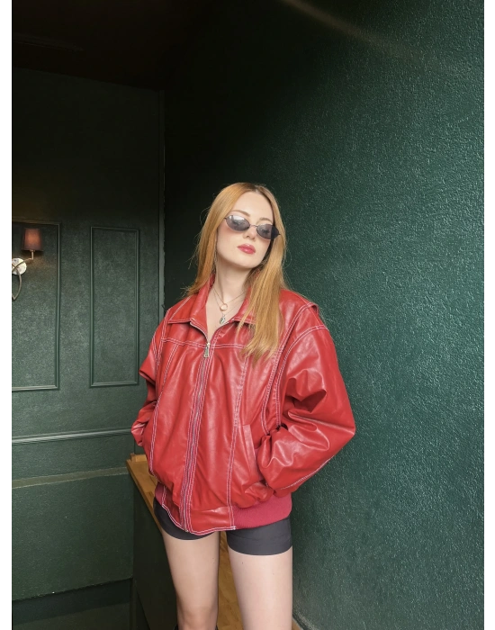 Kırmızı Amy Premium Dikiş Detaylı Deri Ceket