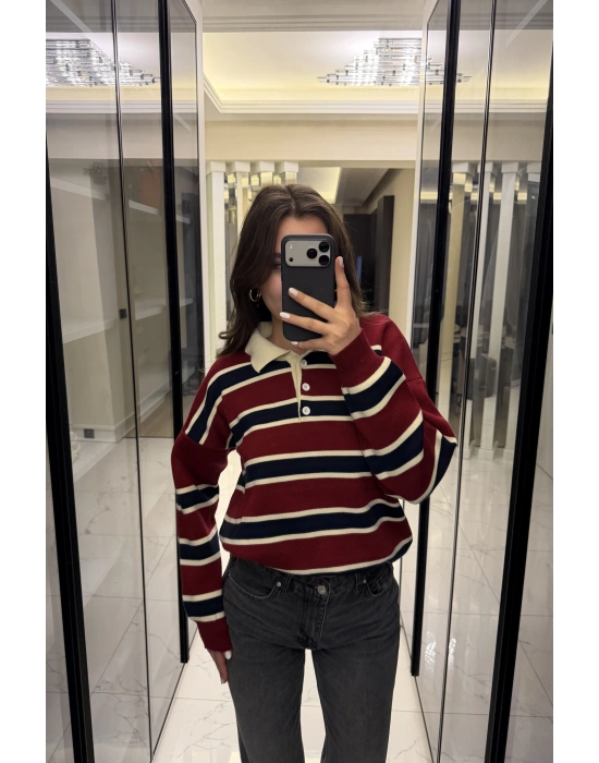 Kırmızı Düğmeli Polo Yaka Çizgili Triko Kazak