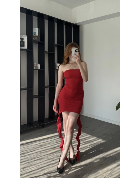 Kırmızı Flora Çift Püsküllü Mini Elbise