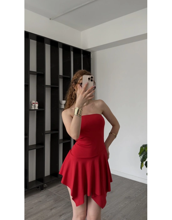 Kırmızı Freya Straplez Asimetrik Elbise