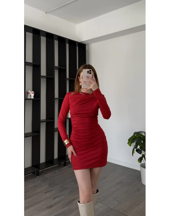 Kırmızı Ivy Drape Yakalı Elbise
