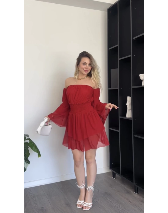 Kırmızı Katlı Madonna Tül Elbise