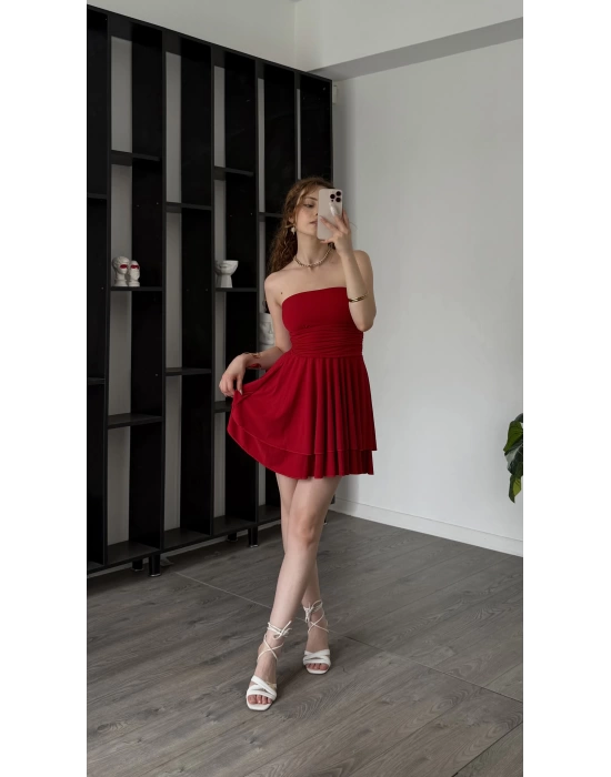 Kırmızı Meris Volanlı Straplez Elbise
