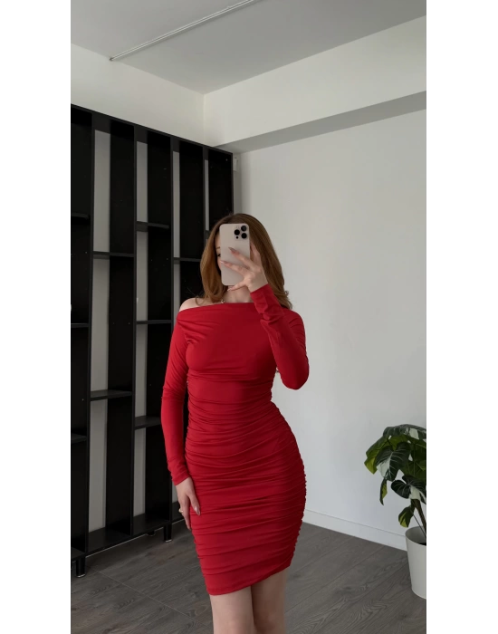 Kırmızı Osha Düşük Omuzlu Kalem Elbise