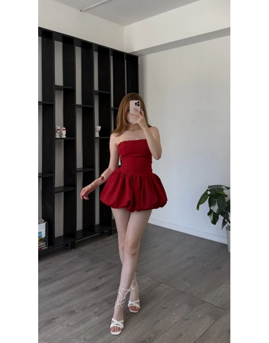 Kırmızı Perla Bağcık Sırtlı Balon Etekli Straplez Elbise