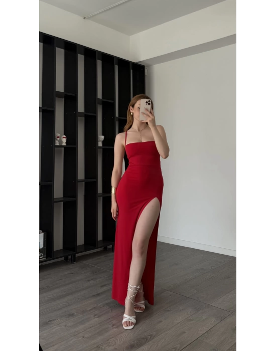 Kırmızı Ramona Bağcık Sırt Dekolteli Elbise