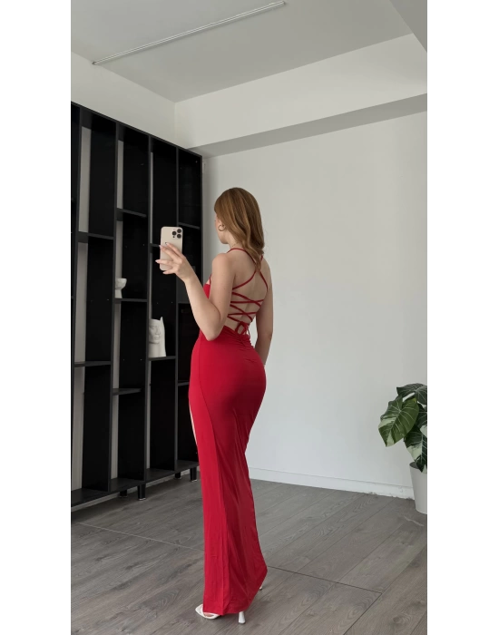 Kırmızı Ramona Bağcık Sırt Dekolteli Elbise