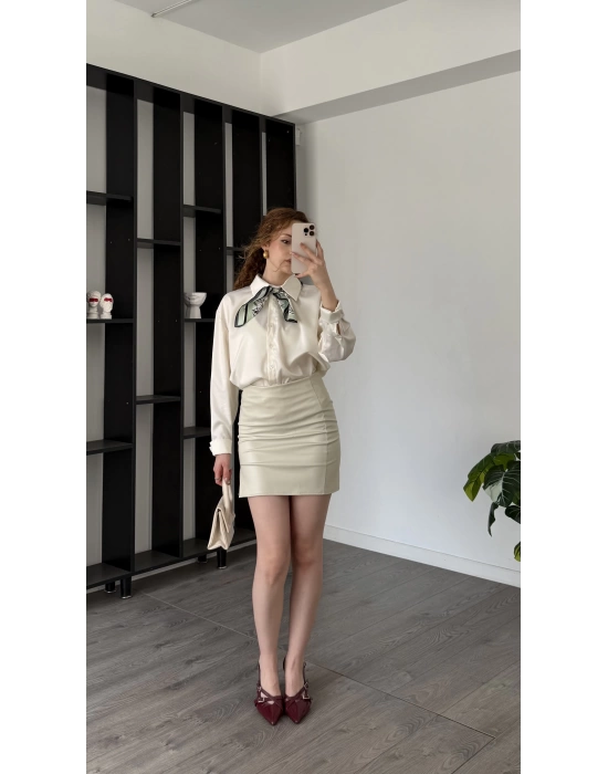 Krem Fiora Oversize Saten Gömlek