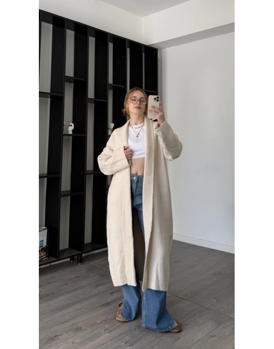 Krem Kenny Şal Yakalı Uzun Triko Hırka