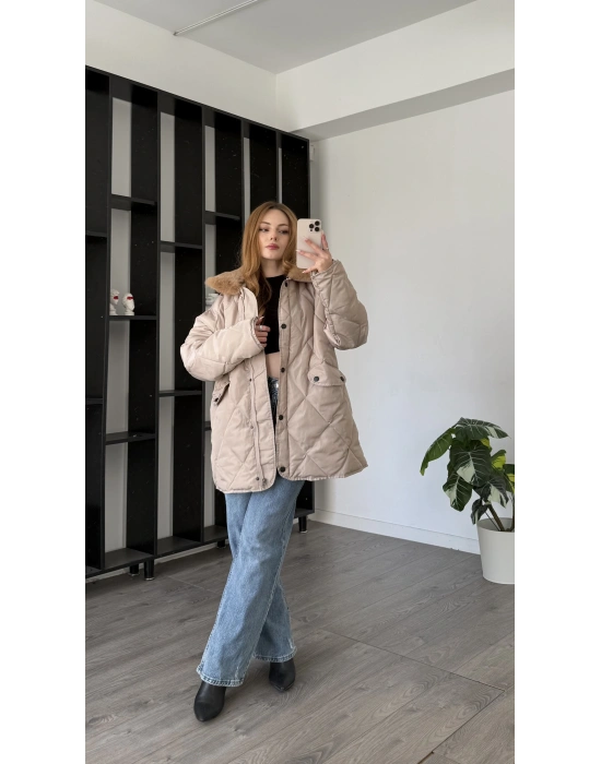 Krem Maria Kürk Yakalı Şişme Mont