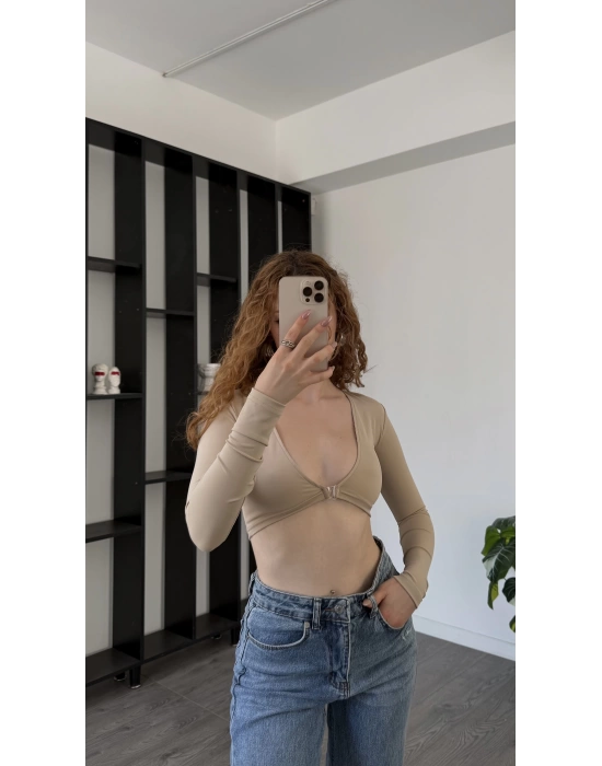 Krem Mira Göğüs Dekolteli Bluz