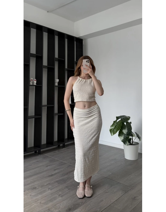Krem Selina Dokulu Bluz Etek 2’li Takım