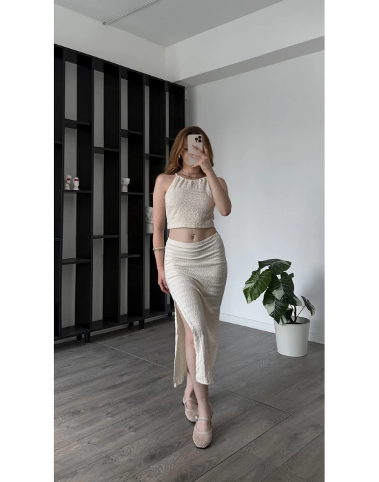 Krem Selina Dokulu Bluz Etek 2’li Takım