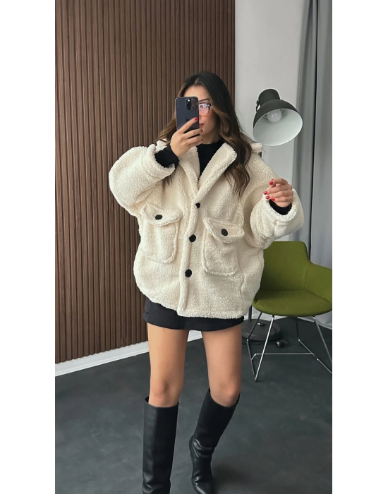 Krem Yumoş Peluş Oversize Kaban