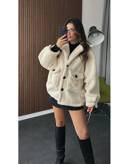 Krem Yumoş Peluş Oversize Kaban