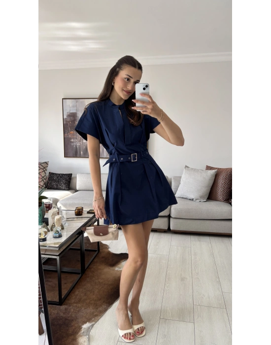 Lacivert Alexa Kemerli Pileli Elbise