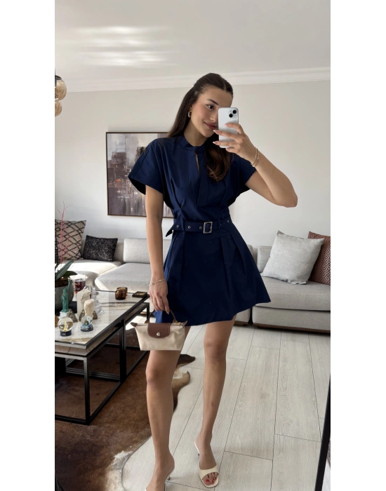 Lacivert Alexa Kemerli Pileli Elbise