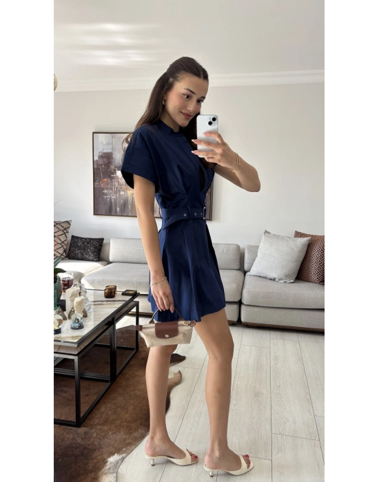 Lacivert Alexa Kemerli Pileli Elbise