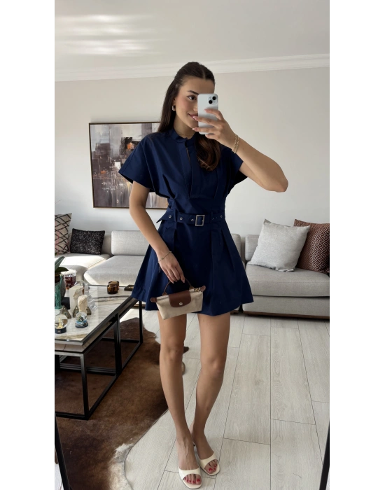 Lacivert Alexa Kemerli Pileli Elbise