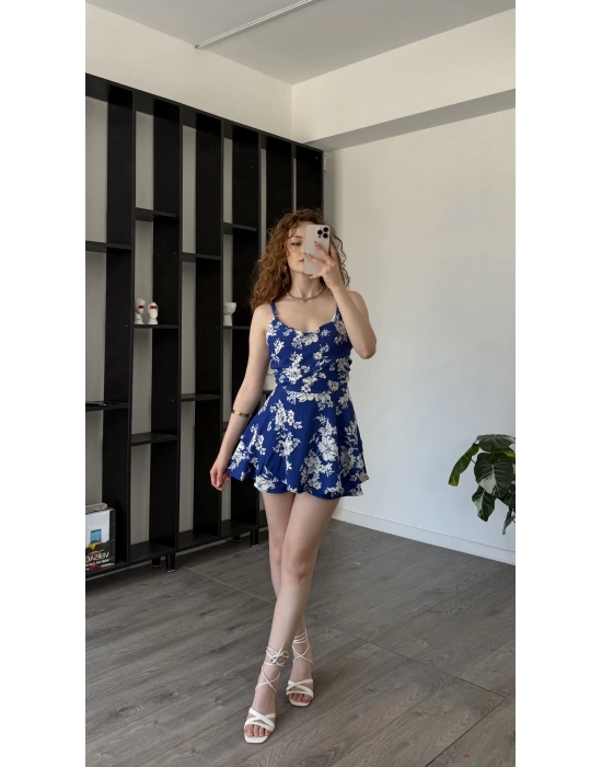 Lacivert Alisa Çiçek Desen Şortlu Tulum