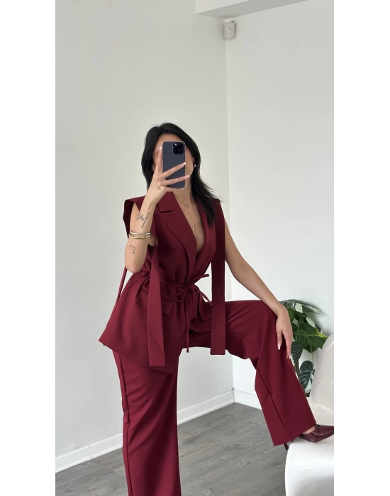Bordo Rucia Kuşak Detaylı Yelek-Pantolon Takım