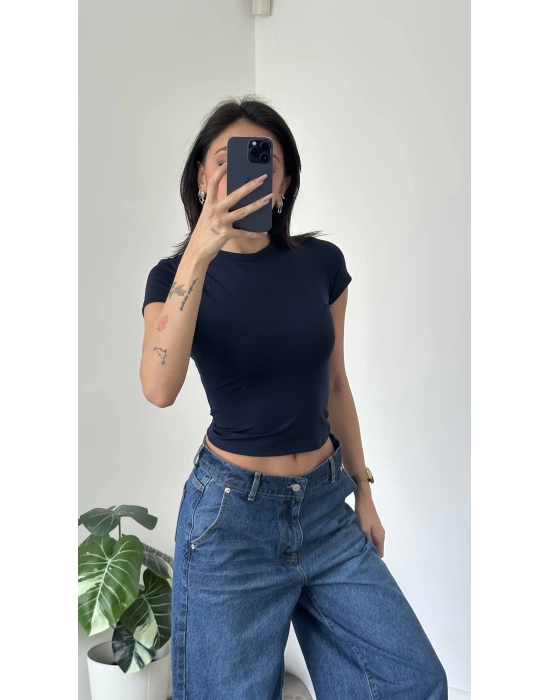 Lacivert Bisiklet Yaka Kısa Kollu Basic Body