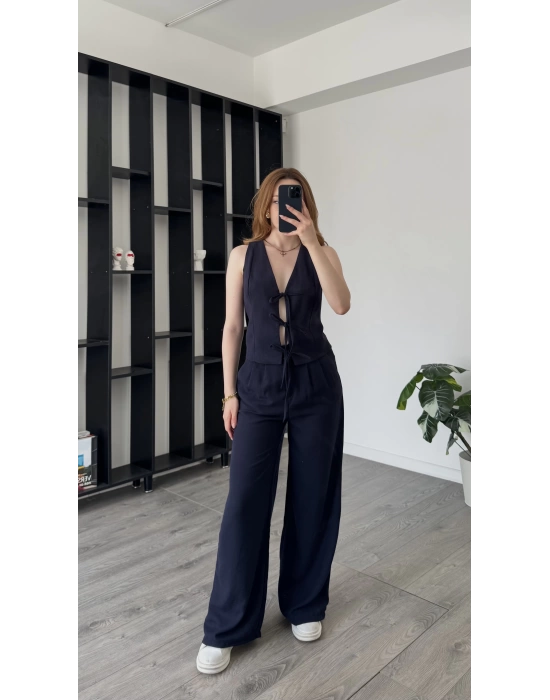 Lacivert Celin Bağcıklı Keten Takım