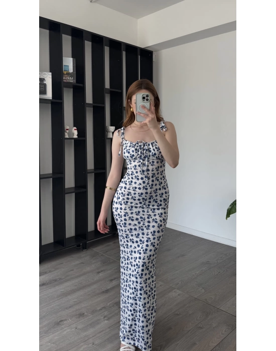 Lacivert Çiçek Desenli Bağcık Yakalı Elbise