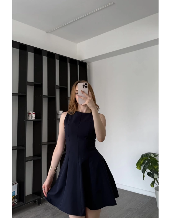 Lacivert Dina Pileli Elbise