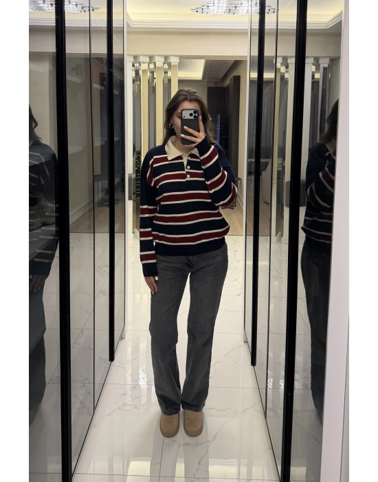 Lacivert Düğmeli Polo Yaka Çizgili Triko Kazak