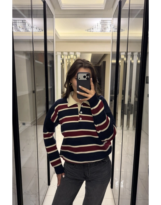 Lacivert Düğmeli Polo Yaka Çizgili Triko Kazak