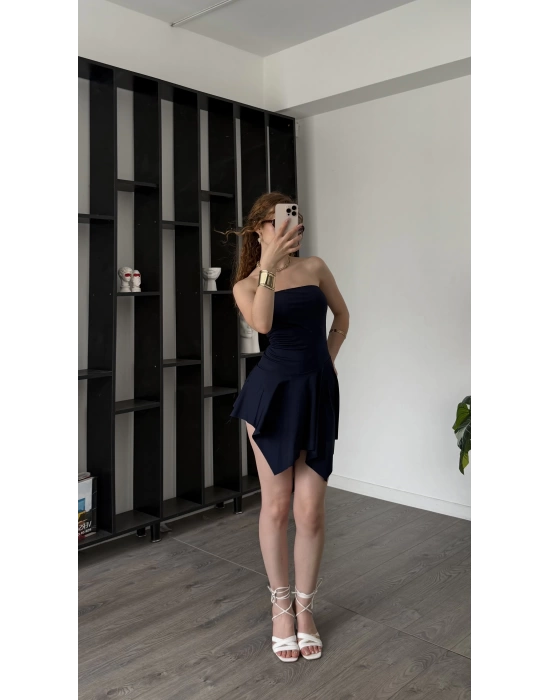 Lacivert Freya Straplez Asimetrik Elbise