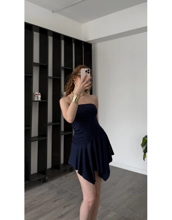 Lacivert Freya Straplez Asimetrik Elbise