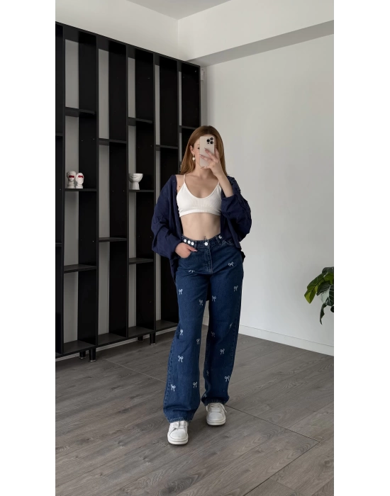 Lacivert Kurdele Nakışlı Jean