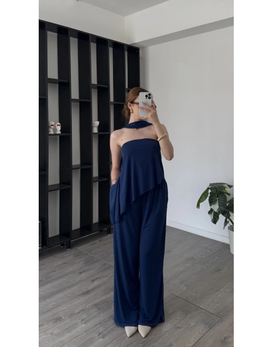 Lacivert Lina Şal Detaylı Asimetrik Straplez Takım