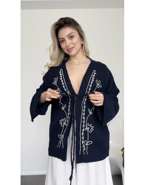 Lacivert Lisa Nakış İşlemeli Kimono