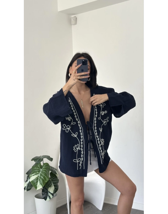 Lacivert Lisa Nakış İşlemeli Kimono