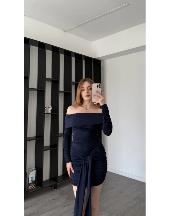 Lacivert Mery Kuşak Detaylı Madonna Elbise
